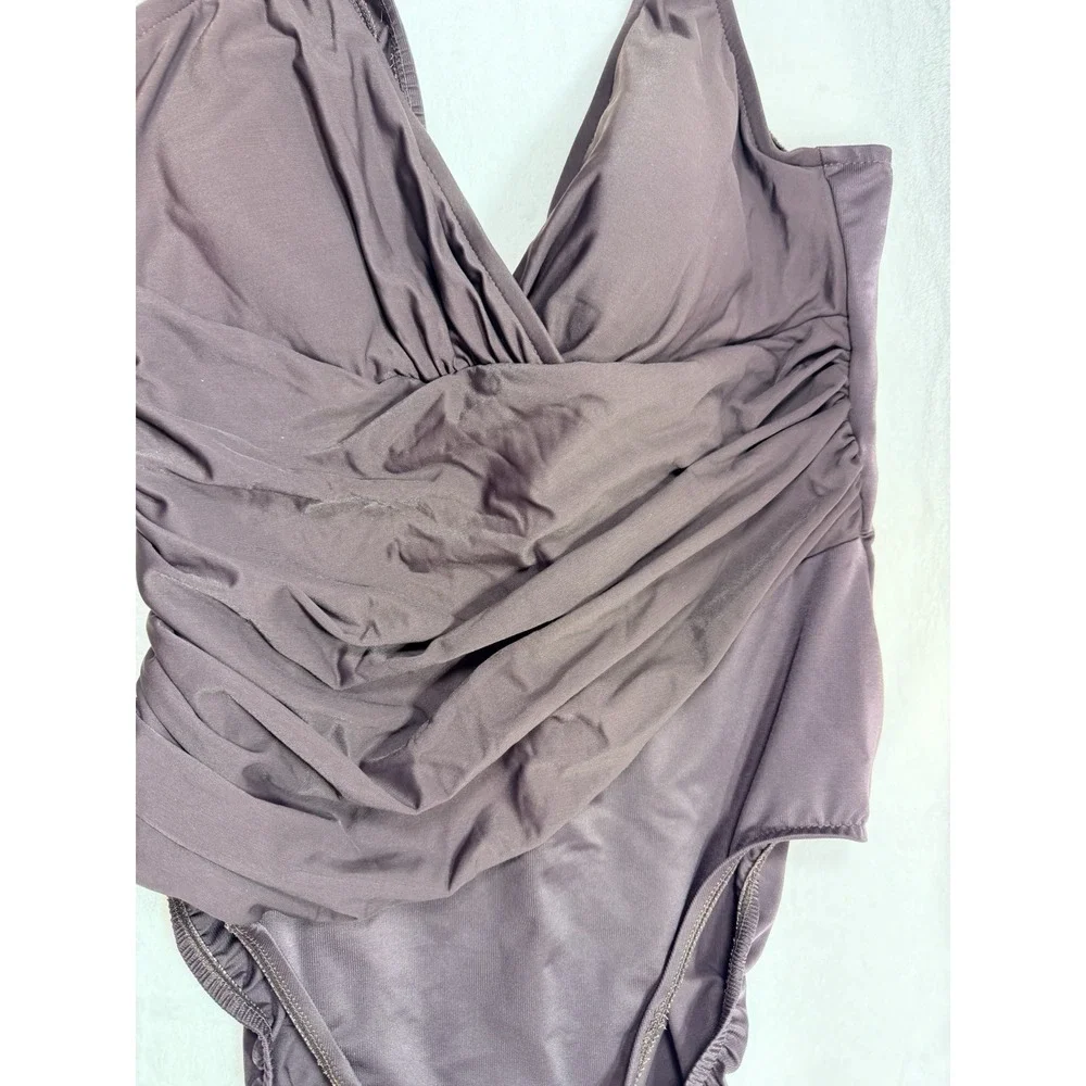 TRIMSHAPER One Piece Swimsuit SIZE 16 Brown Tummy Control Ruched Built In Bra - Picture 3 of 14